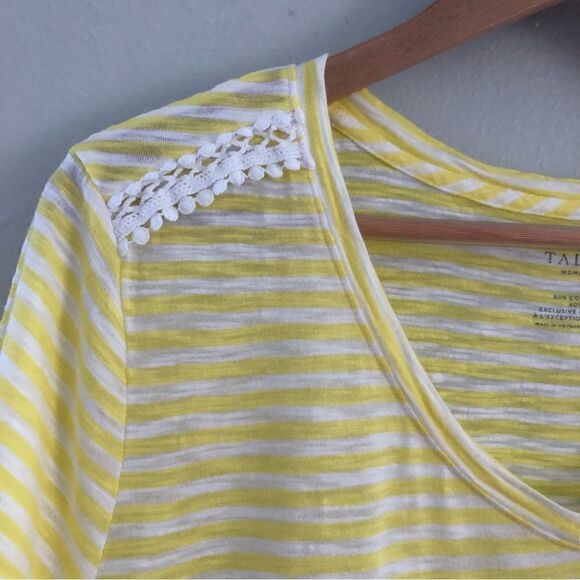 Talbots cotton blend yellow and white striped lattice lace V neck 2X tee shirt - Picture 5 of 7